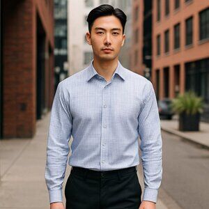 Men's Store Bloomingdales Button Down Shirt 34/35 16.5 Blue Checked Slim Fit